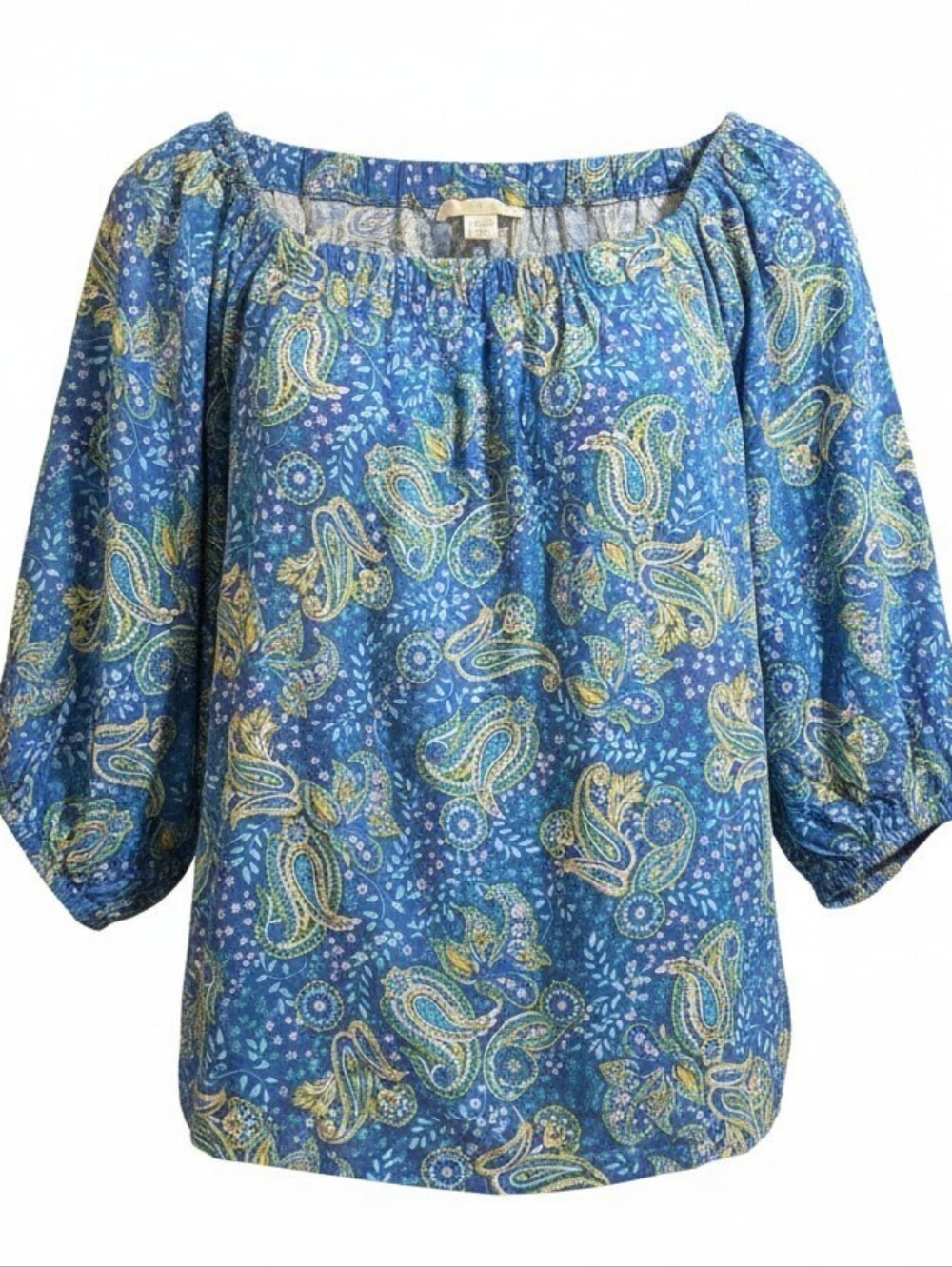 Blue Paisley Peasant Blouse with Yellow Accents